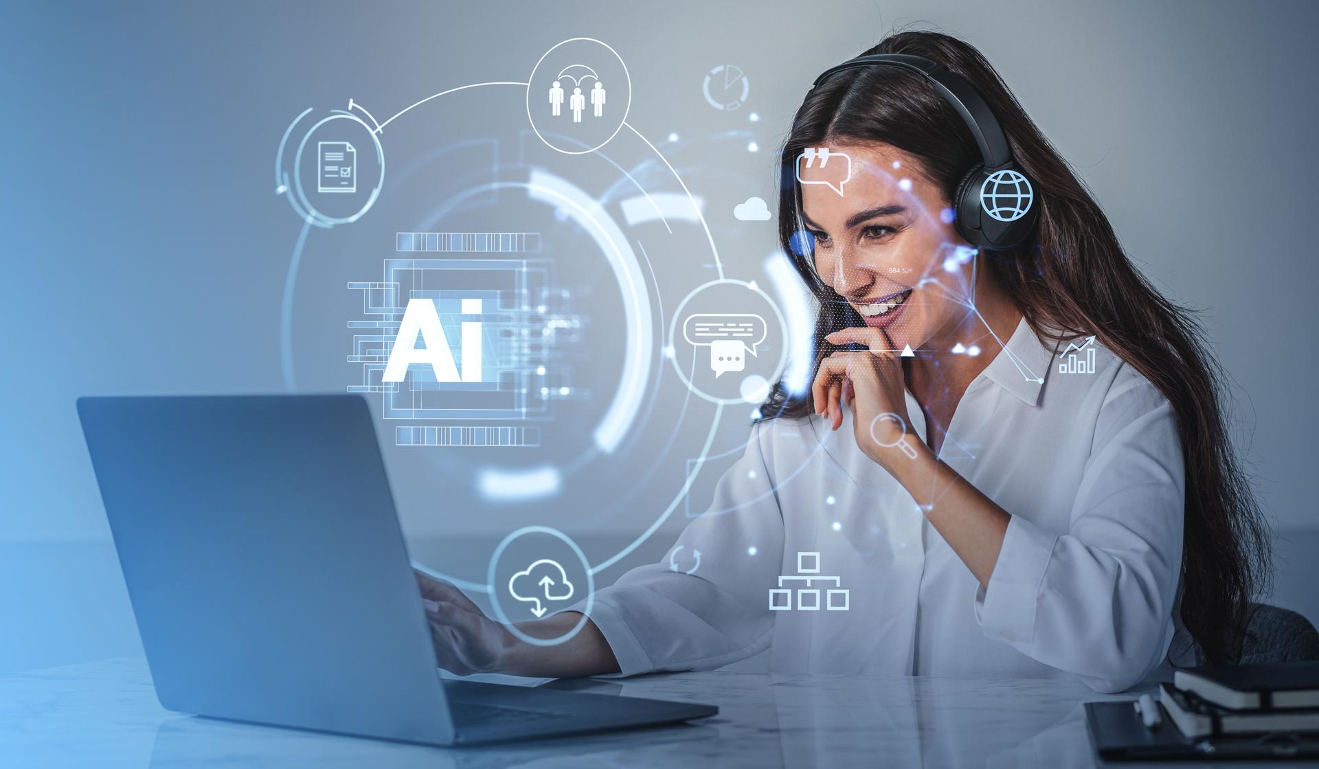 Businesswoman using tablet, AI hologram, chat bot and machine learning