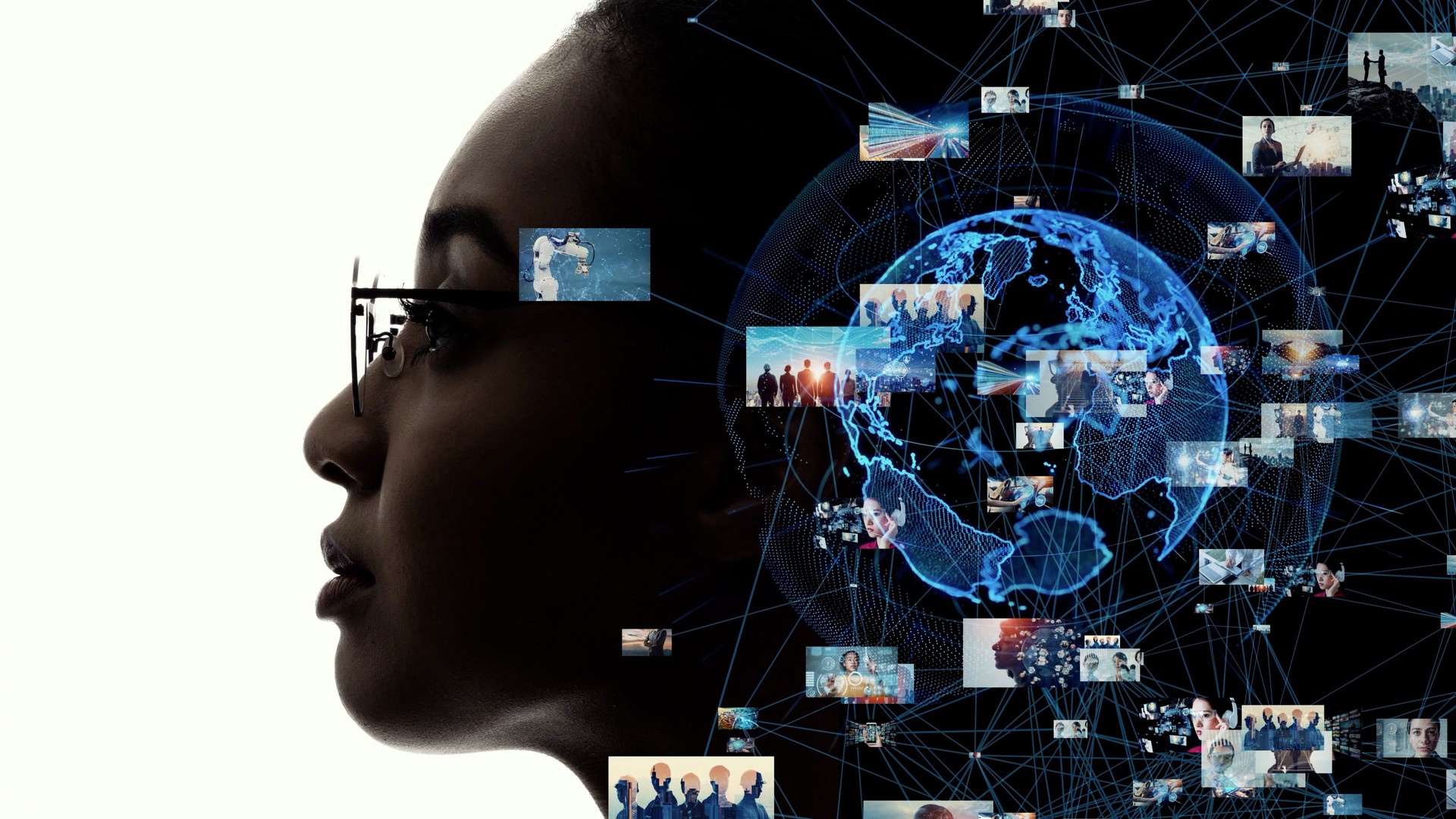 AI (Artificial Intelligence) concept. Digital contents. Social networking service. Streaming video. communication network.