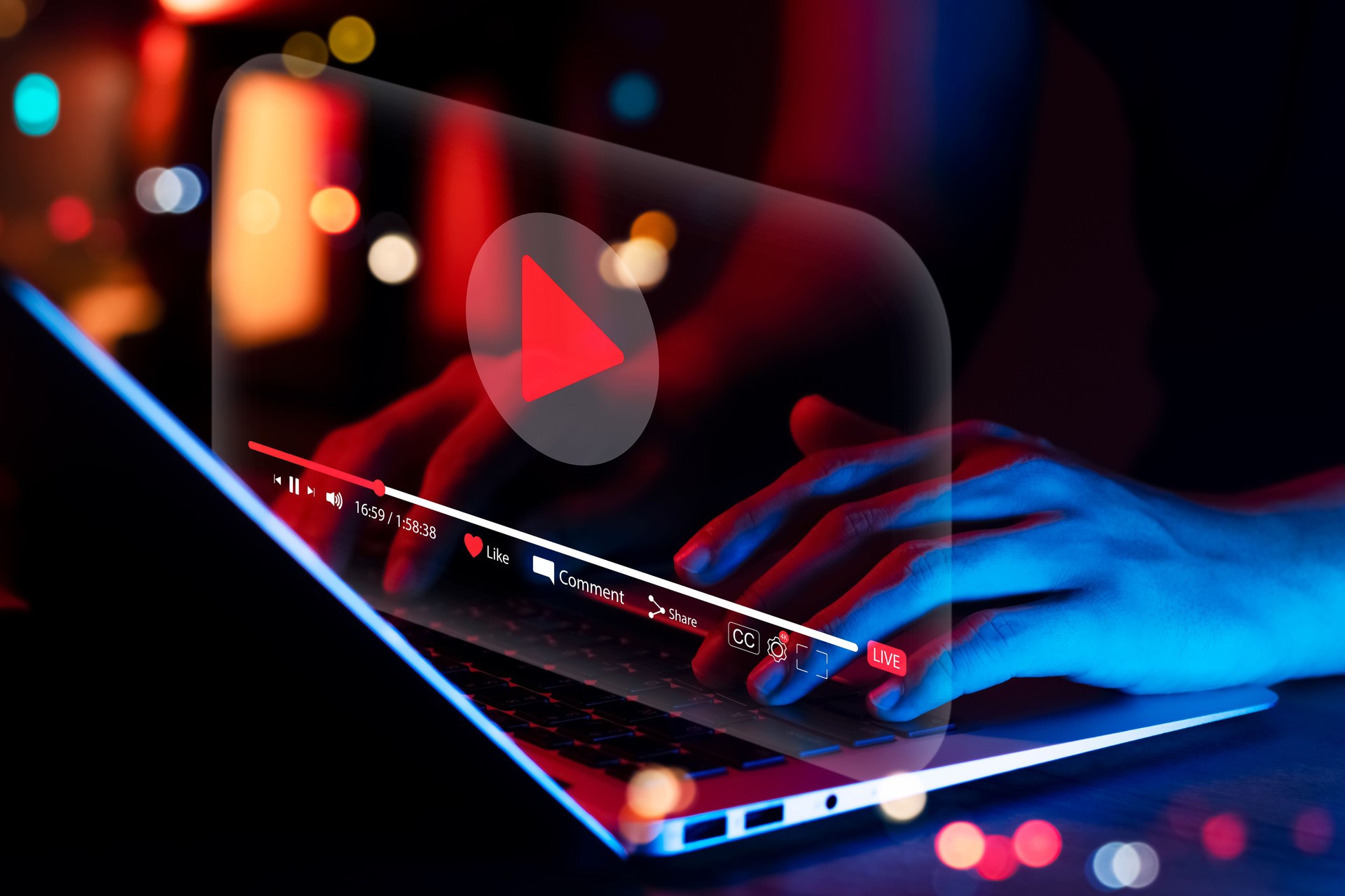 Online movie streaming with laptop computer, Young man watching a movie on a mobile phone with an imaginary video player service.