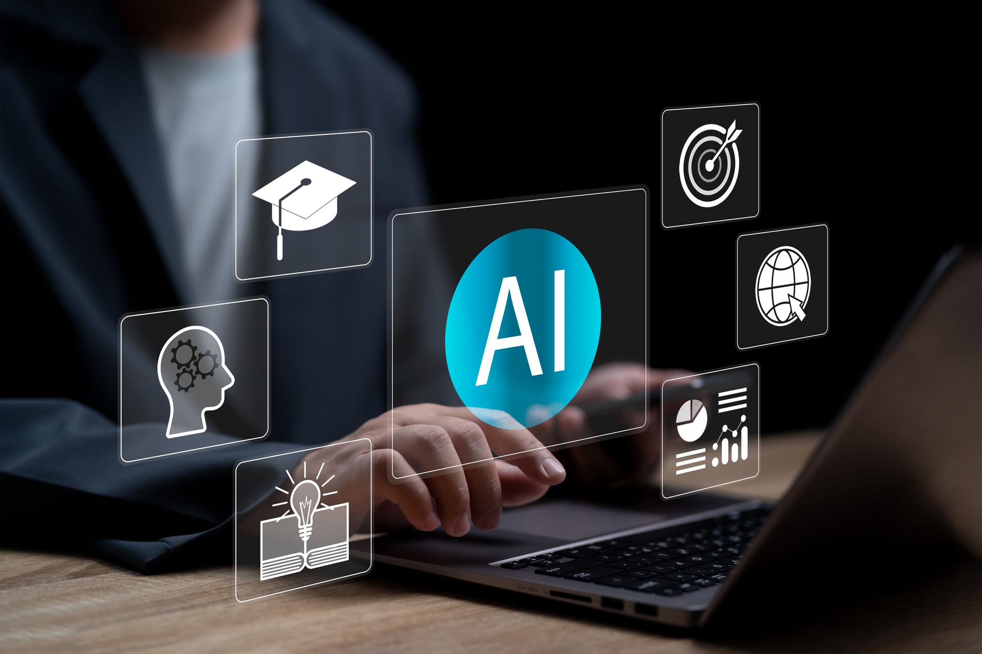 AI-powered E-learning Platform with Intelligent Virtual Tutor  Businessman use Artificial Intelligence Enhancing Online Education, Personalized Learning Experience, Digital Learning, Business Tools