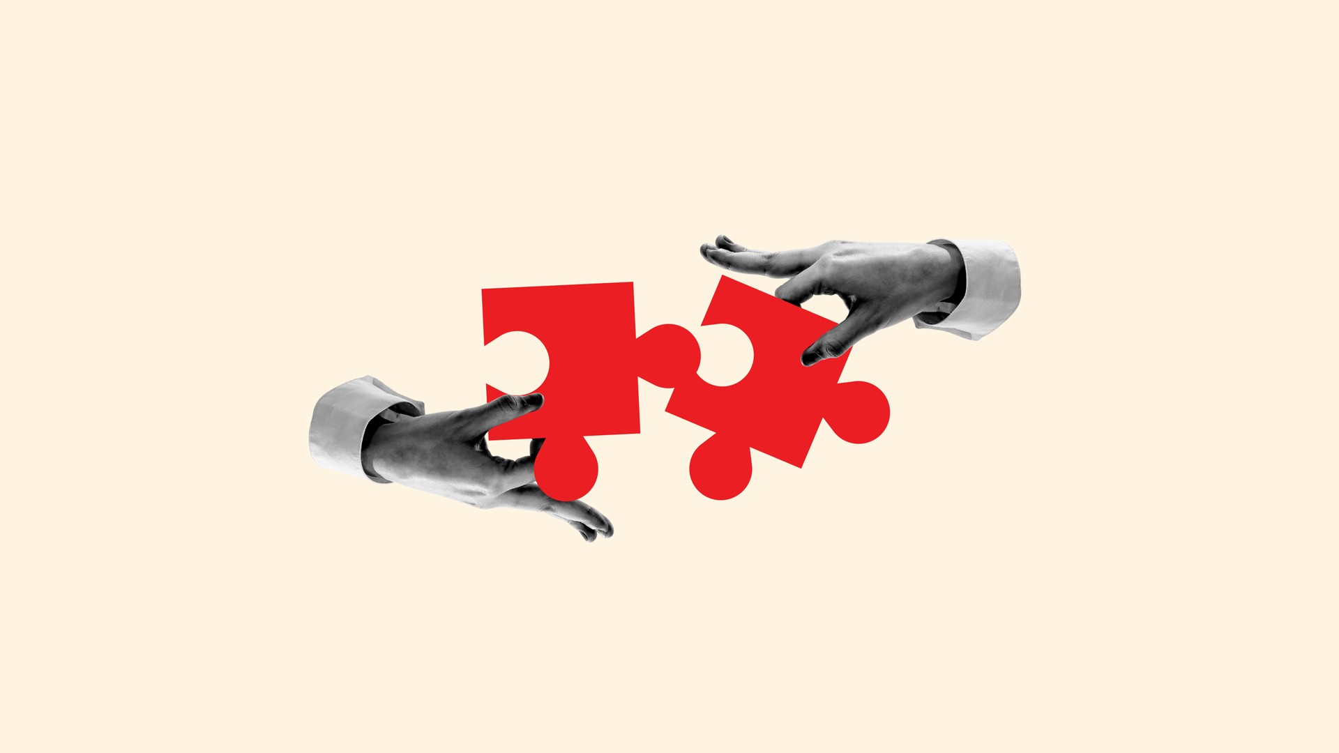 Human hands connecting puzzles symbolizing coordinated teamwork, well-planned strategy for career development and company growth. Contemporary art collage.
