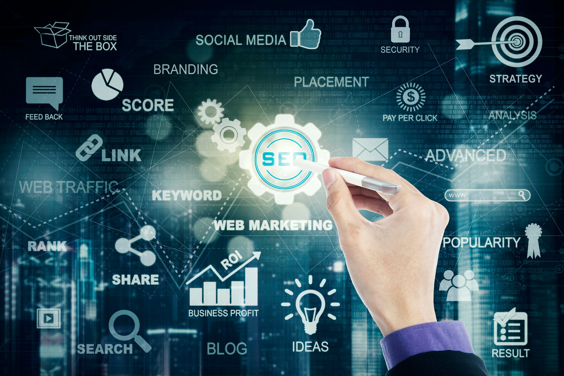 Hand uses stylus pen and SEO icon
